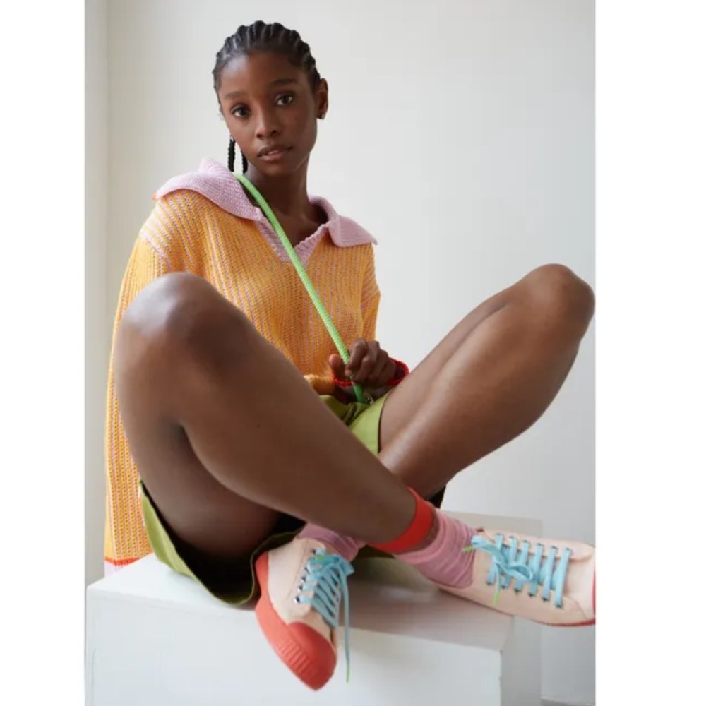 Dr Bloom Striped Cotton Blend Mixed Knit Sweater Lapels Orange Pink‎ Gaviota S/M